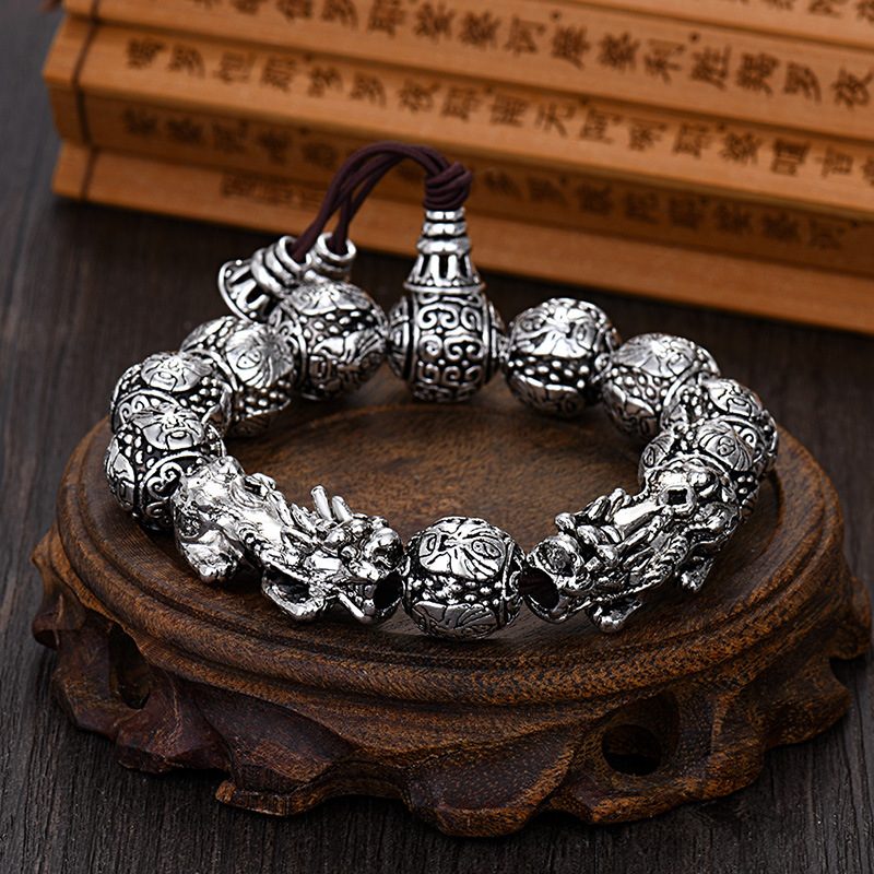 Retro Love Double Pixiu Armbånd Mote Trendy Guan Gong Wu Buddha Beads For Menn Gamle Thailandske Sølvarmbånd