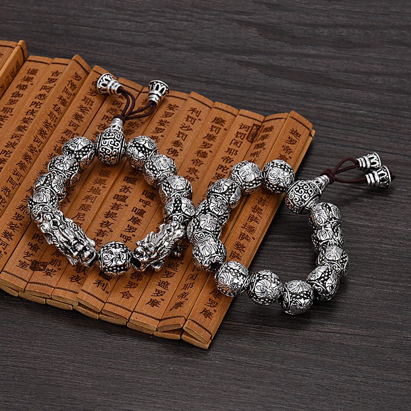 Retro Love Double Pixiu Armbånd Mote Trendy Guan Gong Wu Buddha Beads For Menn Gamle Thailandske Sølvarmbånd