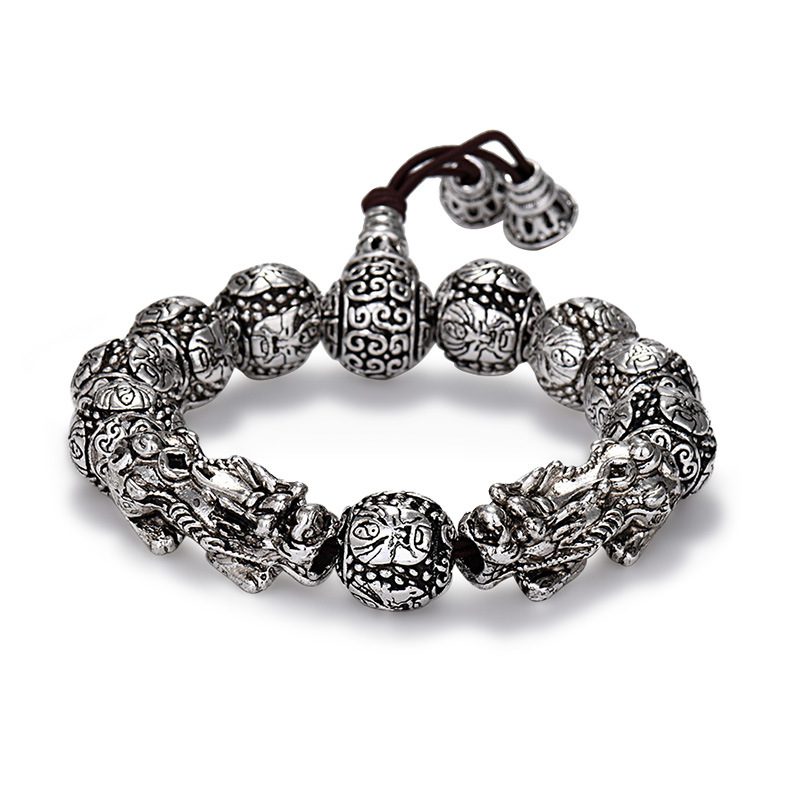 Retro Love Double Pixiu Armbånd Mote Trendy Guan Gong Wu Buddha Beads For Menn Gamle Thailandske Sølvarmbånd