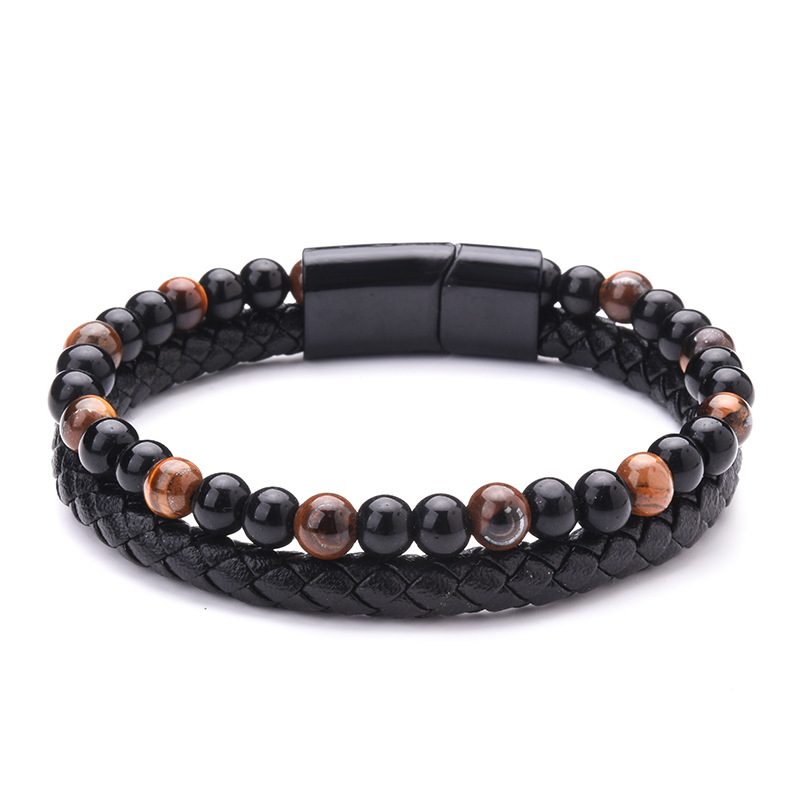 Volcanic Natural Stone Tiger Eye Beaded Armbånd Herre Lær Tau Agate