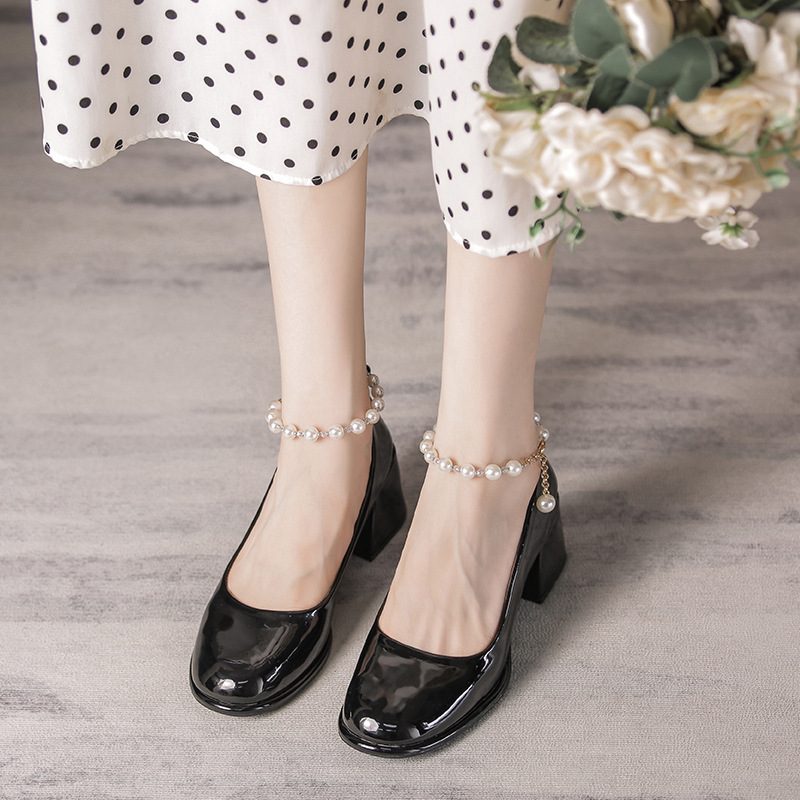 Pearl Flat Shoes Dame 2024 Høst Ny Elegant Temperament Grunne Munn Tykke Hæler Høye