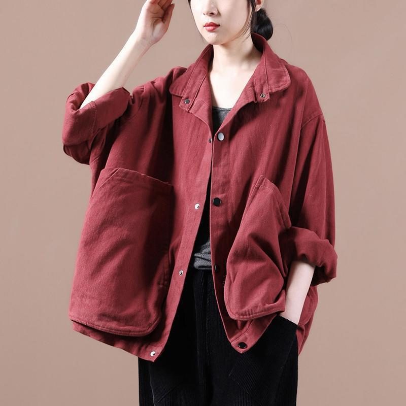 2024 Loose Jacket Dame Large Pocket Langermet Lapel Coat Single Breasted