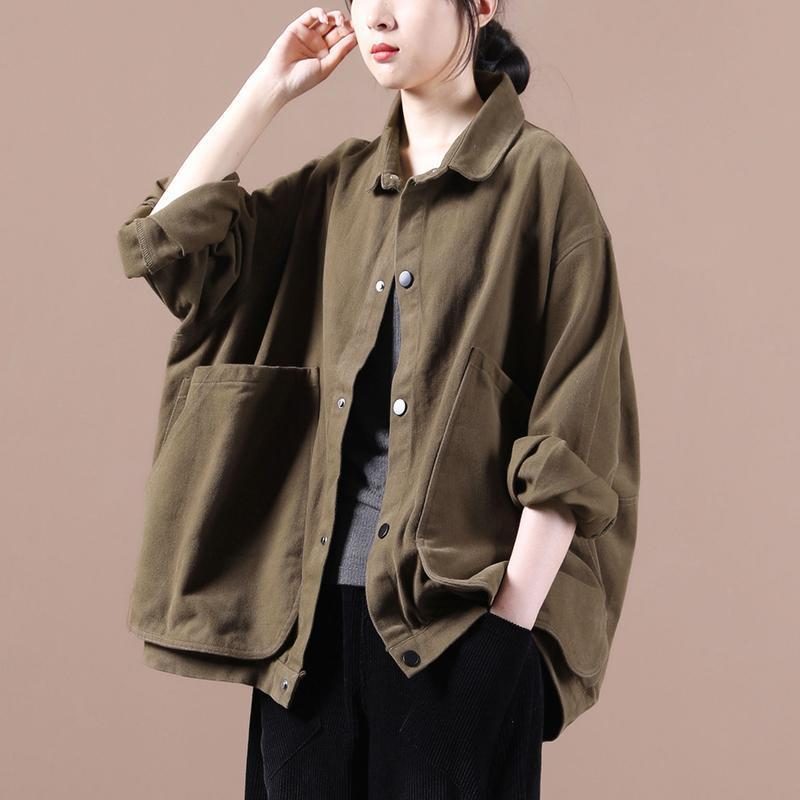 2024 Loose Jacket Dame Large Pocket Langermet Lapel Coat Single Breasted