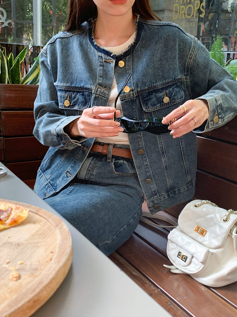 Dame Denimjakke 2024 Kort Vintage Topp Med Rund Hals