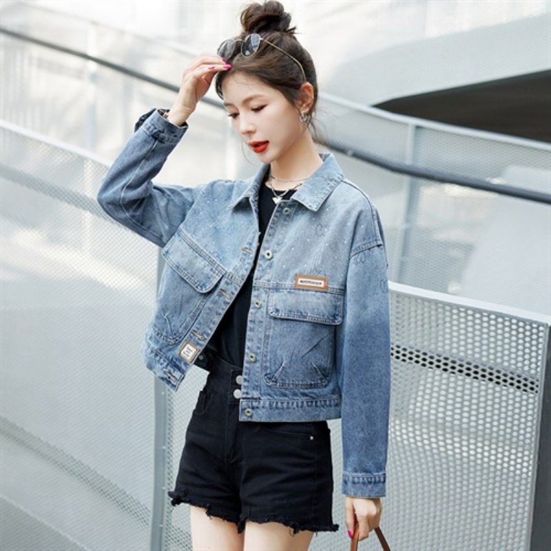 Jeans Dame Large Pocket Vintage Fashion Short Casual Jacket