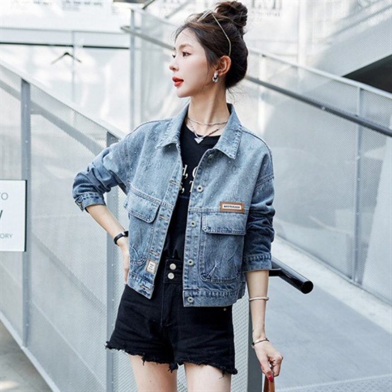 Jeans Dame Large Pocket Vintage Fashion Short Casual Jacket