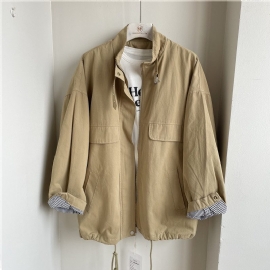 Solid Color Cargo Coat Dame Loose Stand Collar Langermet Jakke