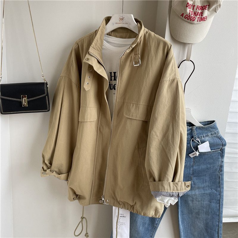 Solid Color Cargo Coat Dame Loose Stand Collar Langermet Jakke