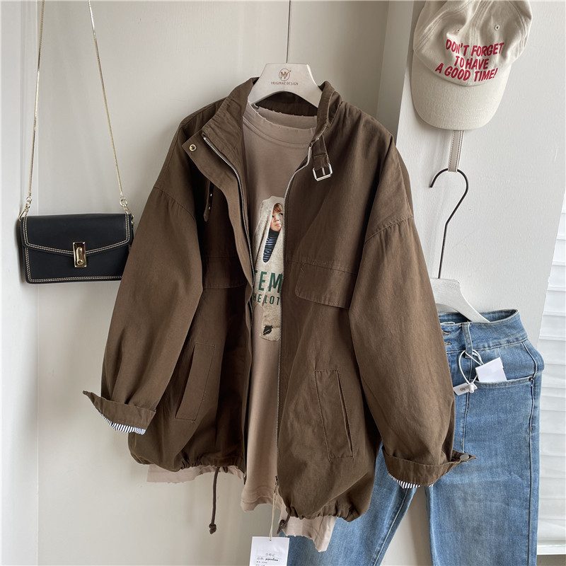 Solid Color Cargo Coat Dame Loose Stand Collar Langermet Jakke