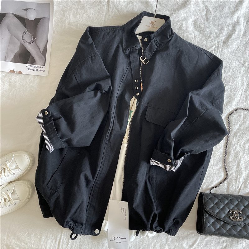 Solid Color Cargo Coat Dame Loose Stand Collar Langermet Jakke