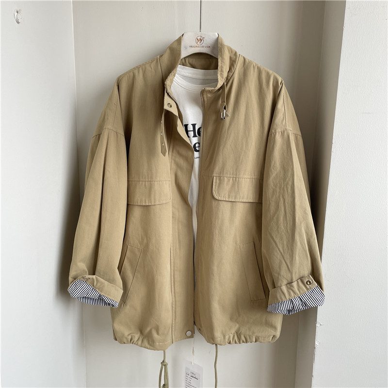 Solid Color Cargo Coat Dame Loose Stand Collar Langermet Jakke