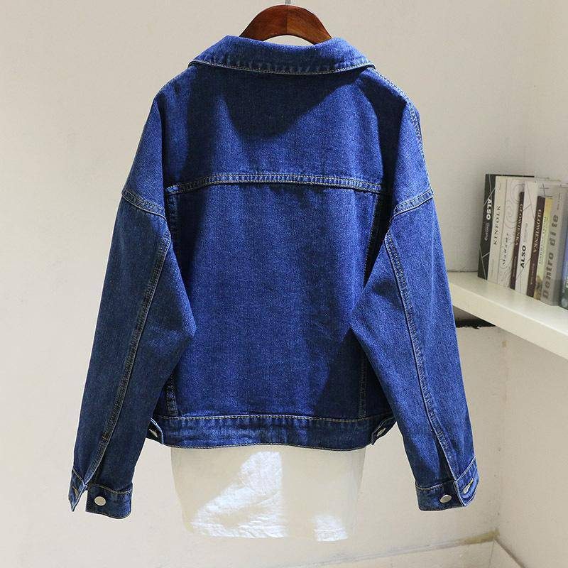 Vintage Cropped Denim Jakke Dame Løs Lomme Topp