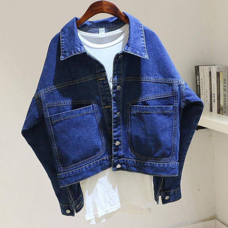 Vintage Cropped Denim Jakke Dame Løs Lomme Topp