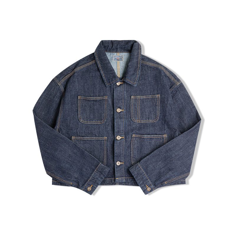 Vintage Denimjakke For Kvinner Mørkeblå Bomull Løs Jakkeslag Cropped Jakke