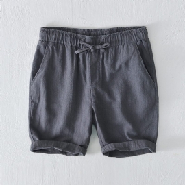 Elastisk Snøring Casual Shorts Menn Sommer Strand Løs Bomull Lin Beskjærte Bukser