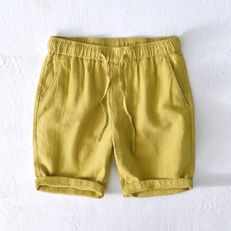 Elastisk Snøring Casual Shorts Menn Sommer Strand Løs Bomull Lin Beskjærte Bukser