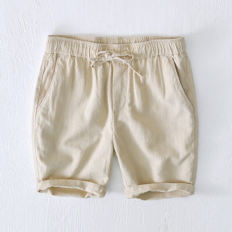 Elastisk Snøring Casual Shorts Menn Sommer Strand Løs Bomull Lin Beskjærte Bukser