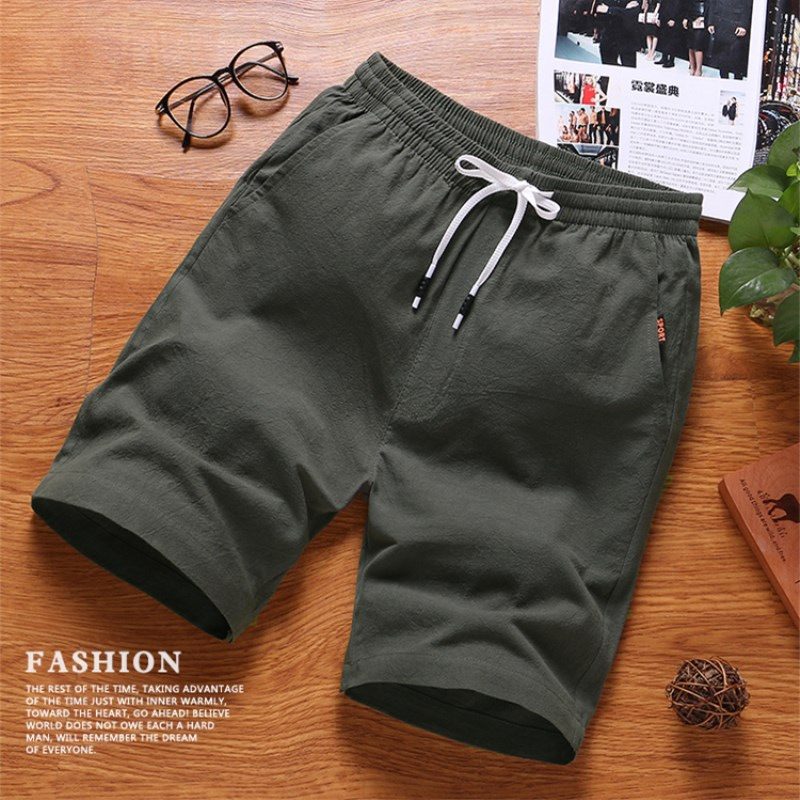 Shorts For Menn Sommer Bomull Lin Fem Poeng Løs Casual Trend