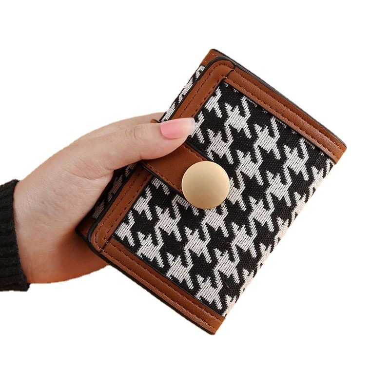 Ny Dame Trifold Houndstooth Canvas Lommebok Kort Spenne Lang Clutch Multifunksjonell Myntpung