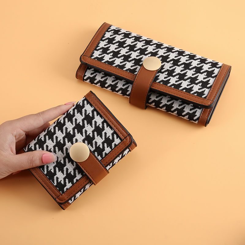 Ny Dame Trifold Houndstooth Canvas Lommebok Kort Spenne Lang Clutch Multifunksjonell Myntpung