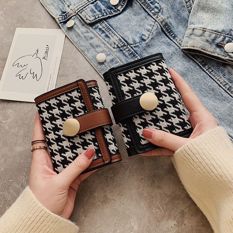 Ny Dame Trifold Houndstooth Canvas Lommebok Kort Spenne Lang Clutch Multifunksjonell Myntpung