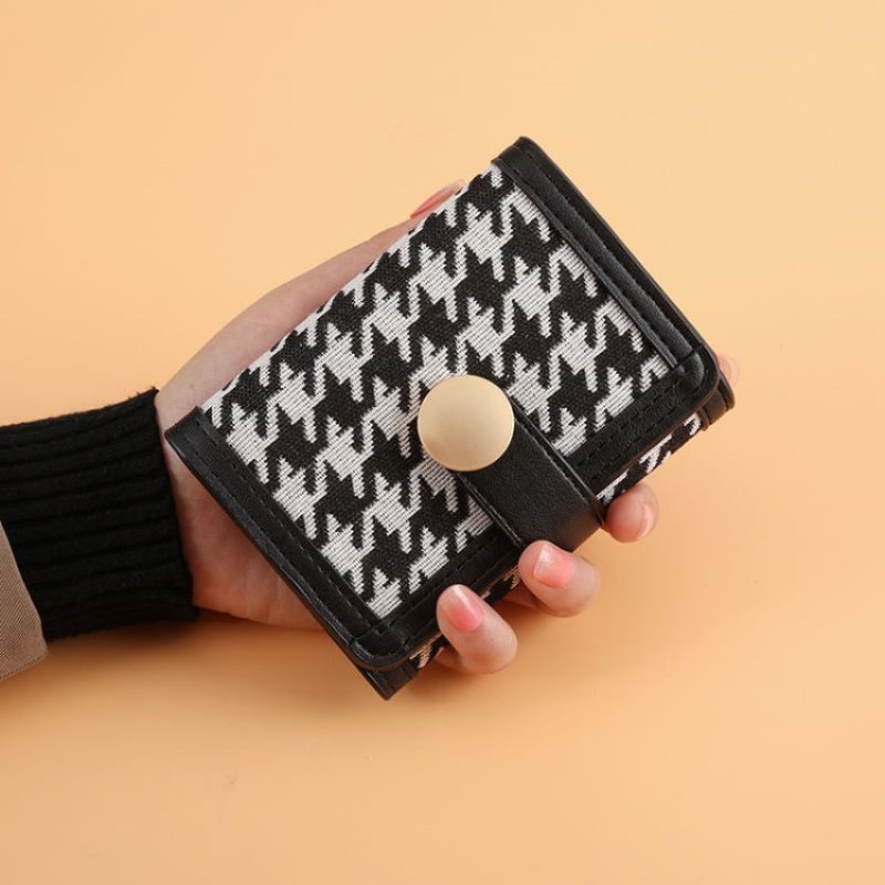 Ny Dame Trifold Houndstooth Canvas Lommebok Kort Spenne Lang Clutch Multifunksjonell Myntpung