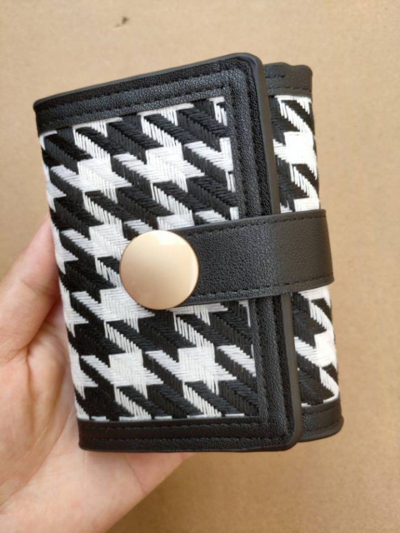 Ny Dame Trifold Houndstooth Canvas Lommebok Kort Spenne Lang Clutch Multifunksjonell Myntpung