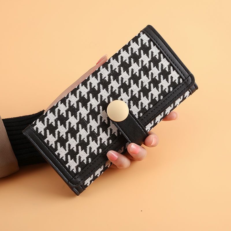 Ny Dame Trifold Houndstooth Canvas Lommebok Kort Spenne Lang Clutch Multifunksjonell Myntpung