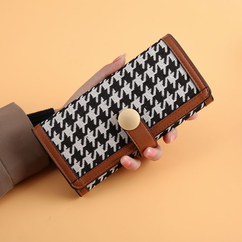 Ny Dame Trifold Houndstooth Canvas Lommebok Kort Spenne Lang Clutch Multifunksjonell Myntpung