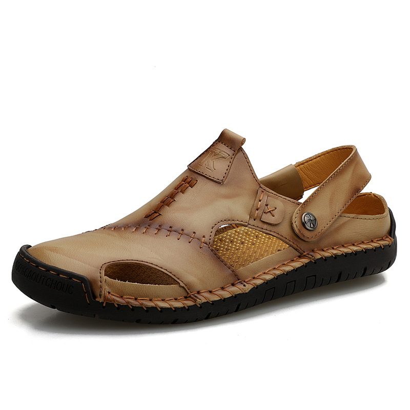 Nye Sandaler Sommer Hul For Menn Stor Størrelse 48 Håndsydd Business Leather Beach Soft Sole