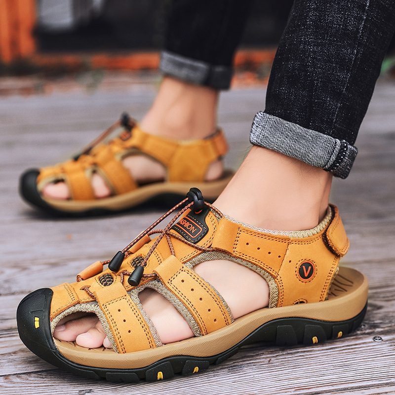 Plus Size Summer Menns Kuskinn Baotou Casual Outdoor Leather Beach Sandaler