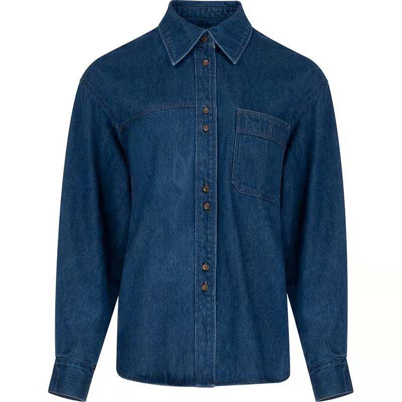 Dame Vintage Blå Denim Skjorte Polo Krage Topp