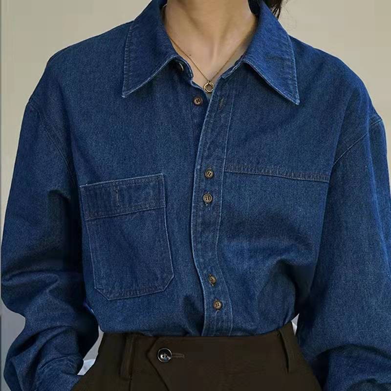 Dame Vintage Blå Denim Skjorte Polo Krage Topp