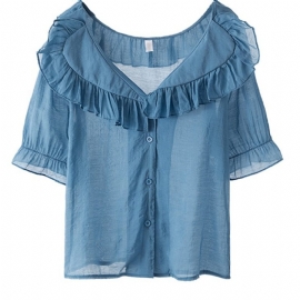 Ruffle Damebluse Sweet Puff Sleeves Chiffon