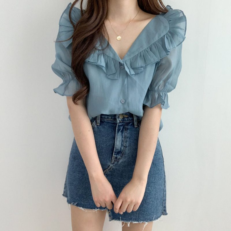 Ruffle Damebluse Sweet Puff Sleeves Chiffon