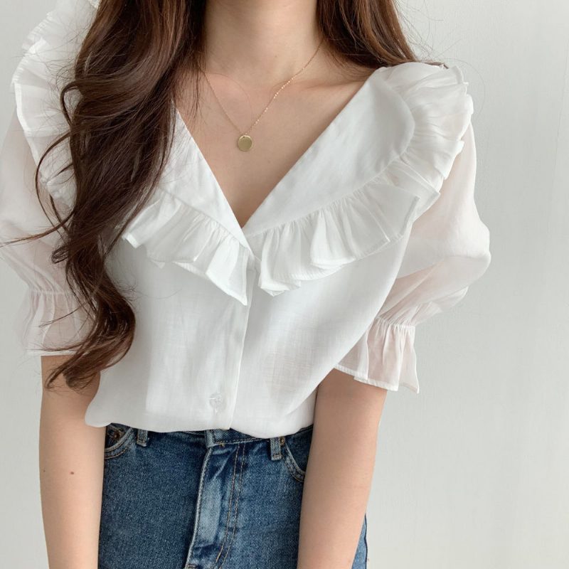 Ruffle Damebluse Sweet Puff Sleeves Chiffon