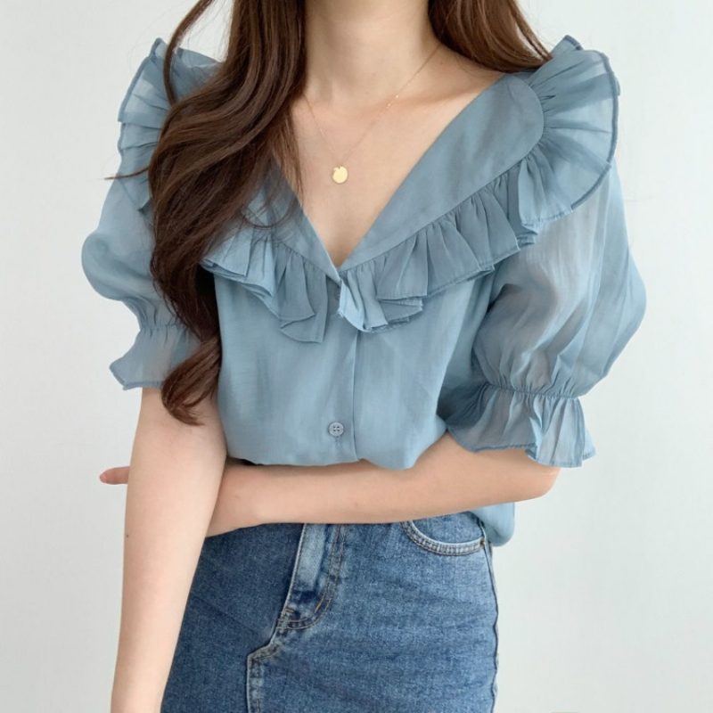 Ruffle Damebluse Sweet Puff Sleeves Chiffon