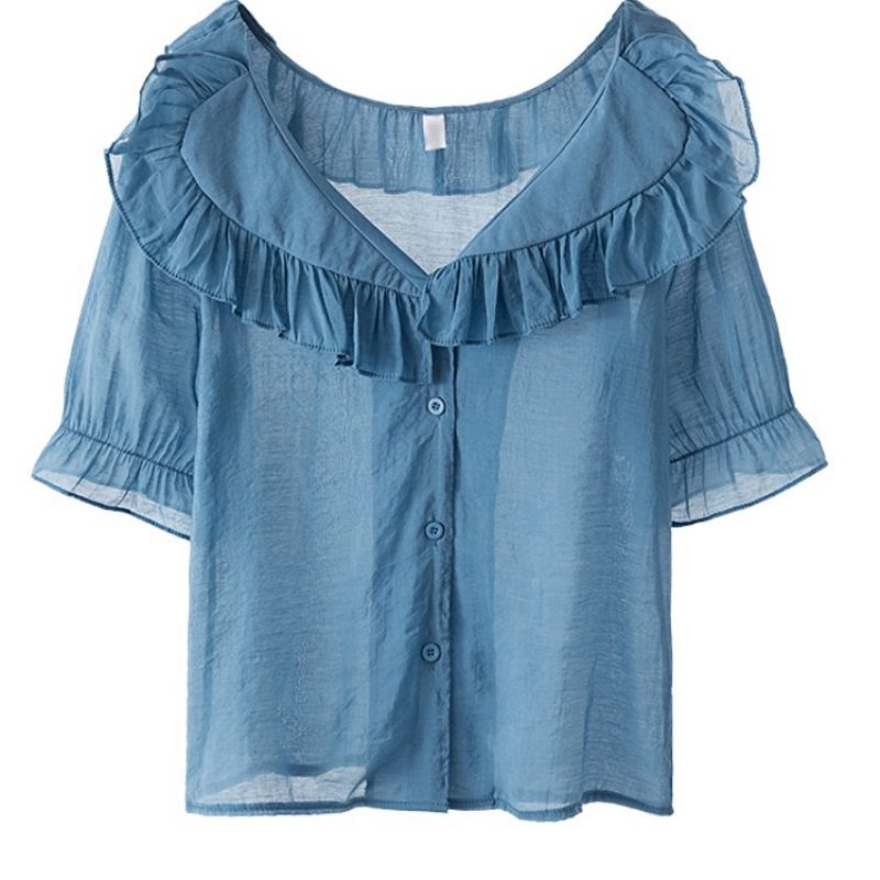 Ruffle Damebluse Sweet Puff Sleeves Chiffon