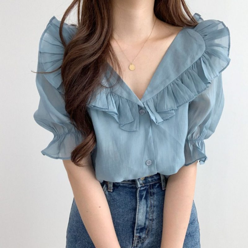 Ruffle Damebluse Sweet Puff Sleeves Chiffon