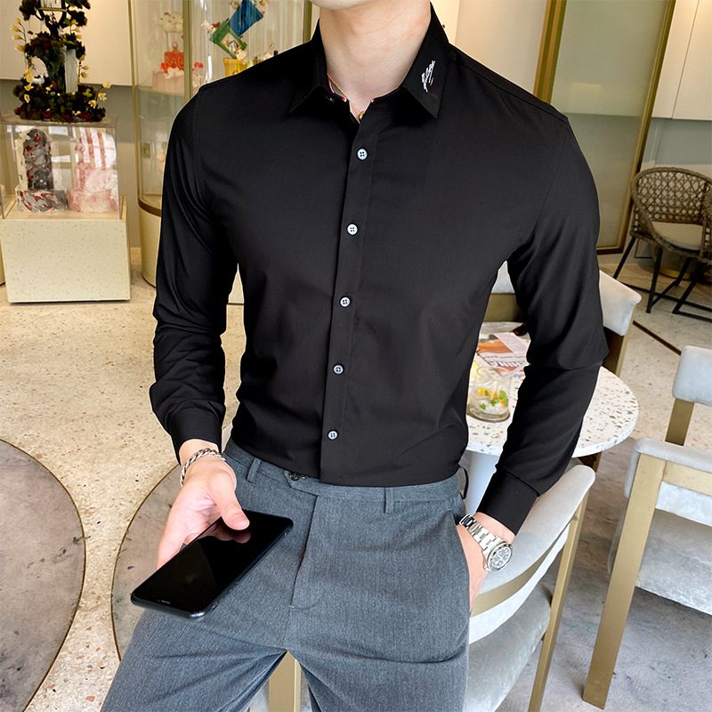 Brodert Skjorte For Menn Casual Business Slim Ensfarget Langermet