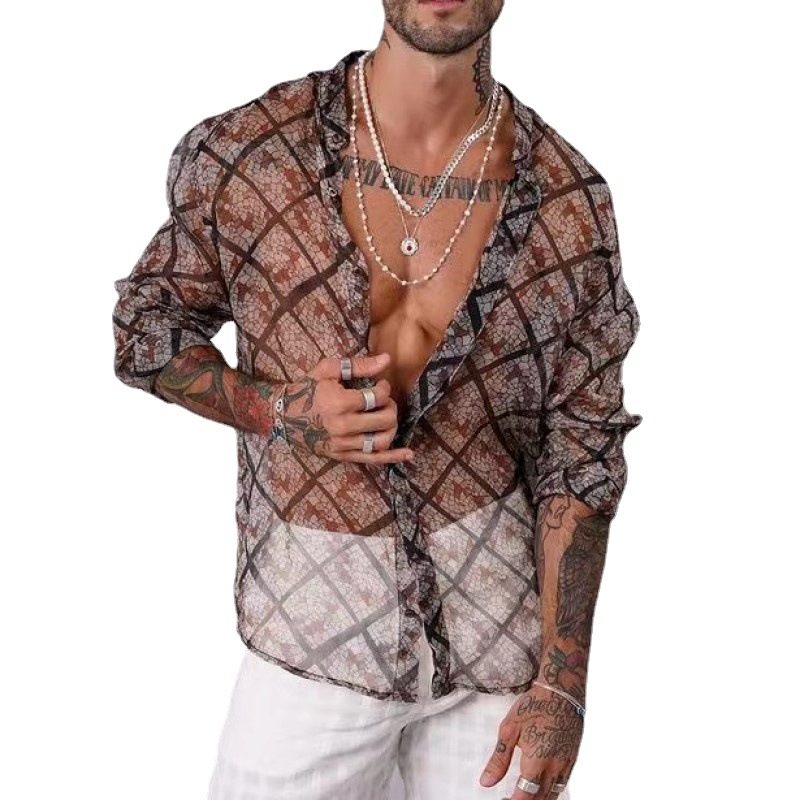 Herre Casual Mesh Trykt Pustende False Lapel Summer Slim Fit Skjorte