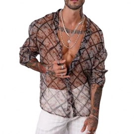 Herre Casual Mesh Trykt Pustende False Lapel Summer Slim Fit Skjorte