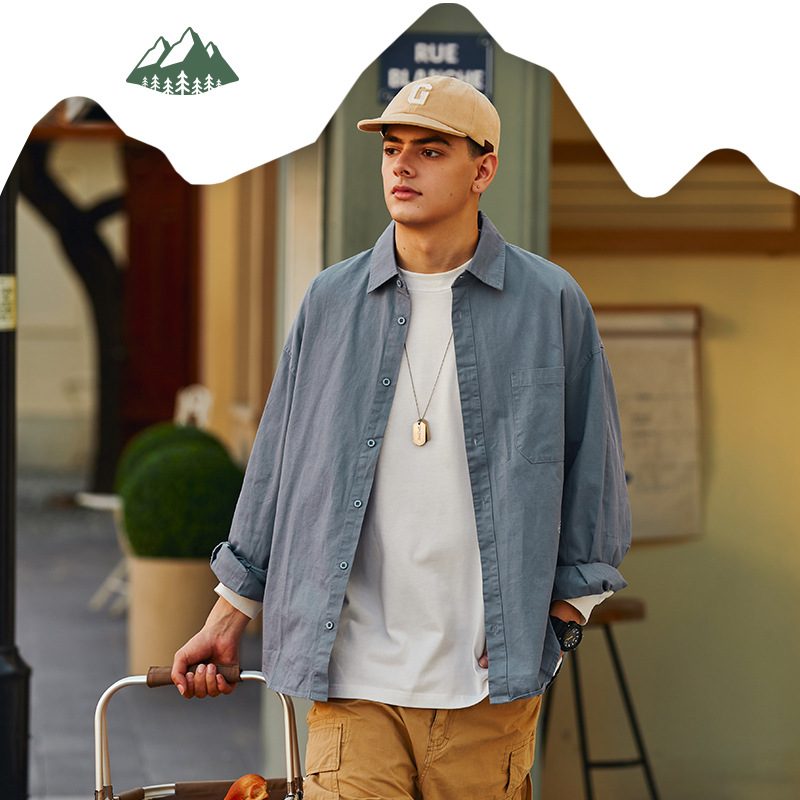 Herreskjorte Langermet Khaki Loose Fit Ensfarget