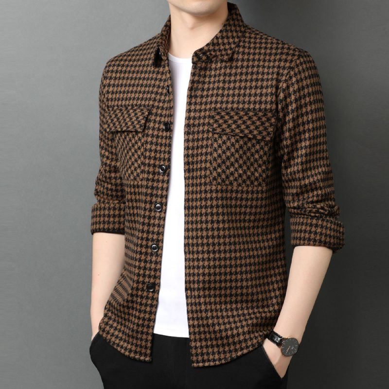 Løs Langermet Skjorte Herre Våren Casual Trend Houndstooth Cardigan Doble Lommer