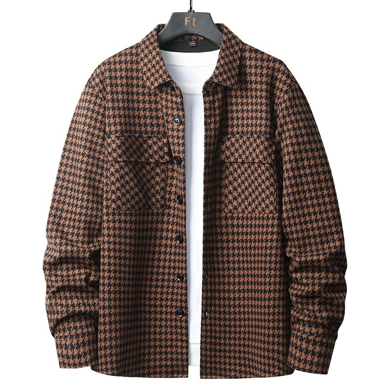 Løs Langermet Skjorte Herre Våren Casual Trend Houndstooth Cardigan Doble Lommer