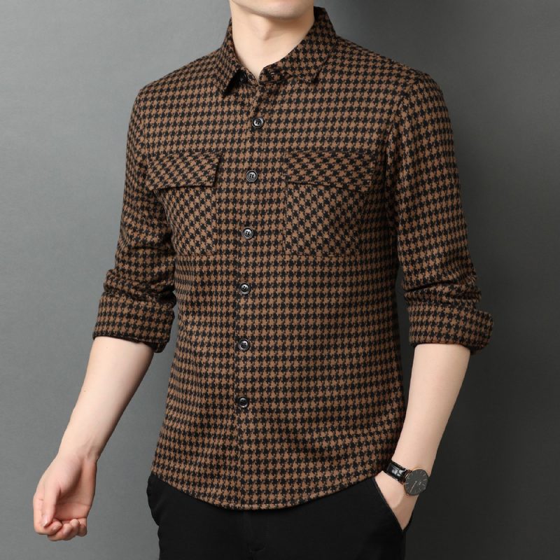 Løs Langermet Skjorte Herre Våren Casual Trend Houndstooth Cardigan Doble Lommer