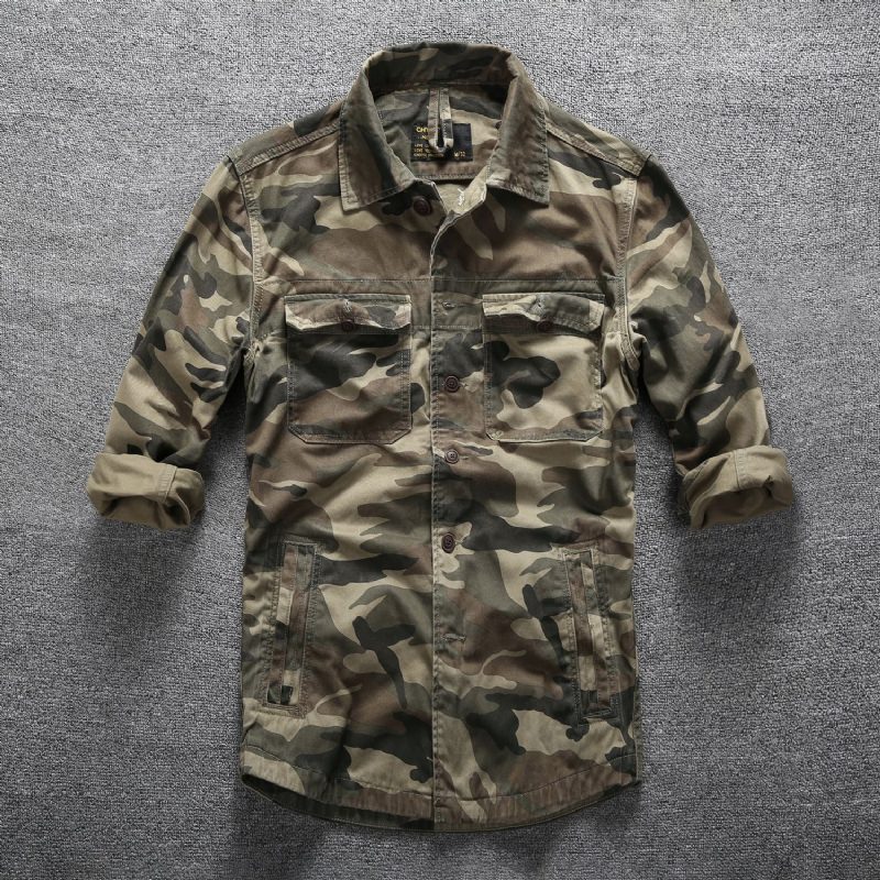 Vår Sommer Uformell Langermet Skjorte Herre Camouflage Top Multi Pocket Tooling