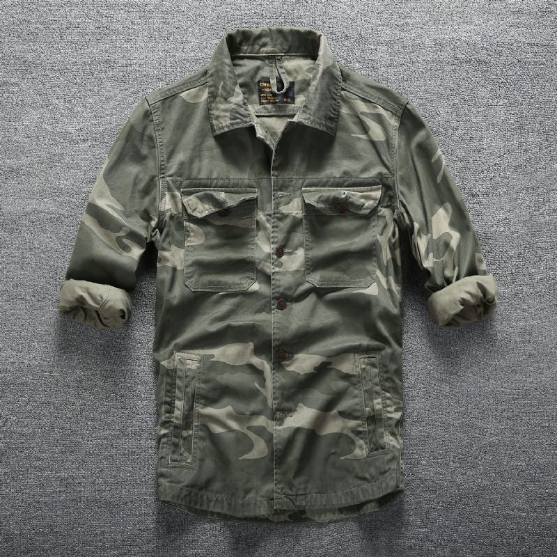 Vår Sommer Uformell Langermet Skjorte Herre Camouflage Top Multi Pocket Tooling