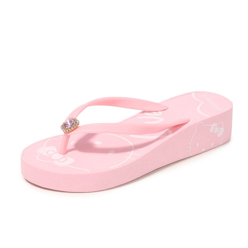 2024 Kreative Nye Kvinner Hello Kitty Søte Flip Flops Med Mellomhæl Rhinestone Sommer Kile Sandaler Tøfler Sko