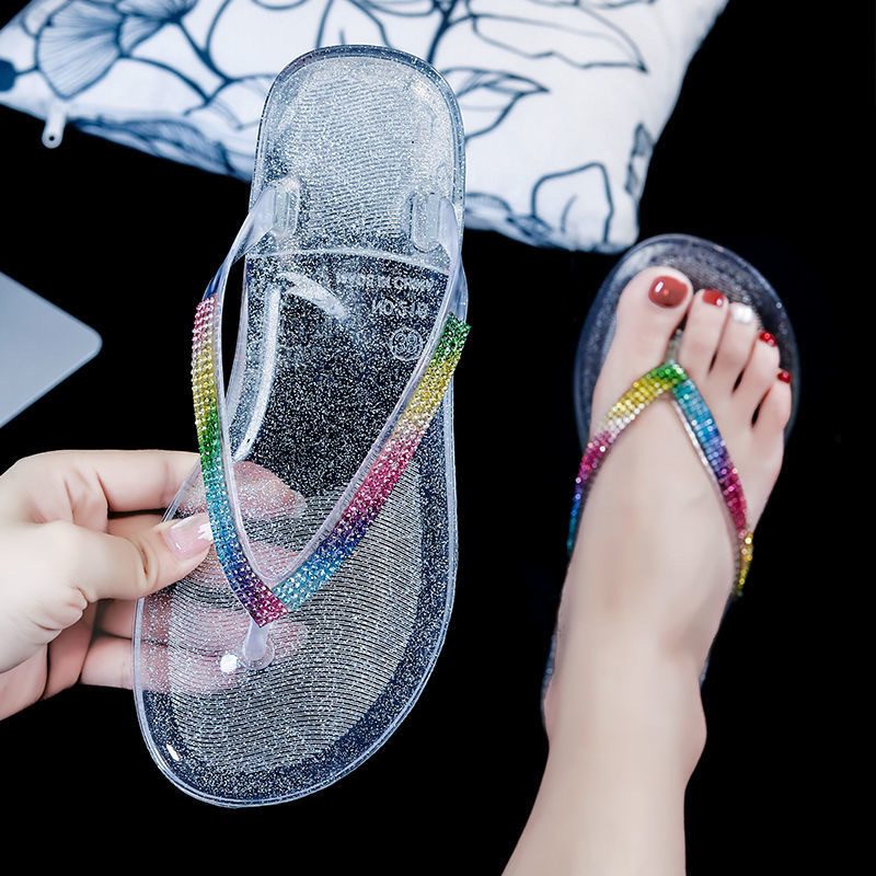 2024 Sommer Flip Flops Kvinners Nye Mote Godteri Farge Flat Krystall Klype Sandaler Tøfler Sko